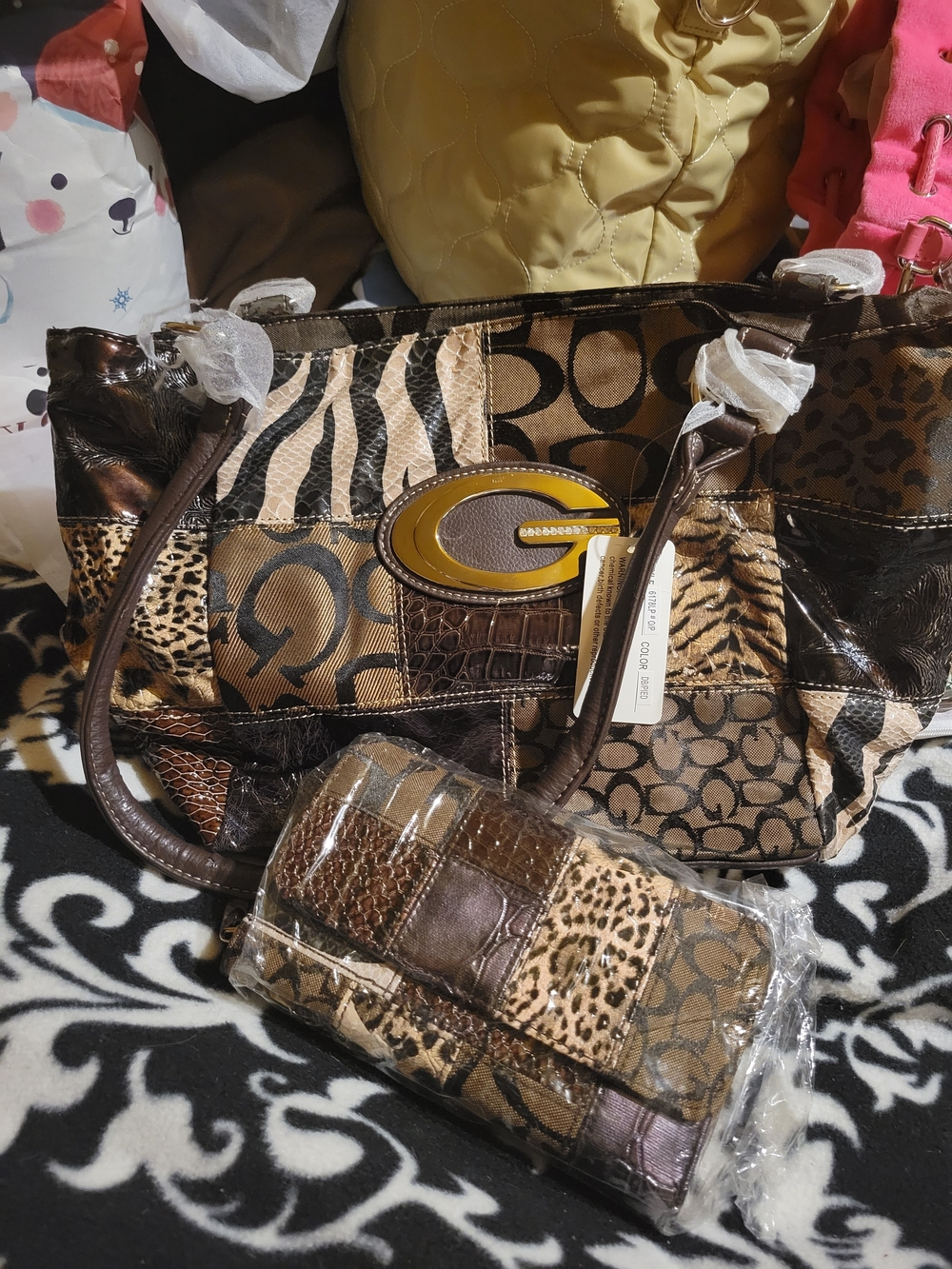 Patchwork Animal-Print Tote Bag and Wallet - Brown